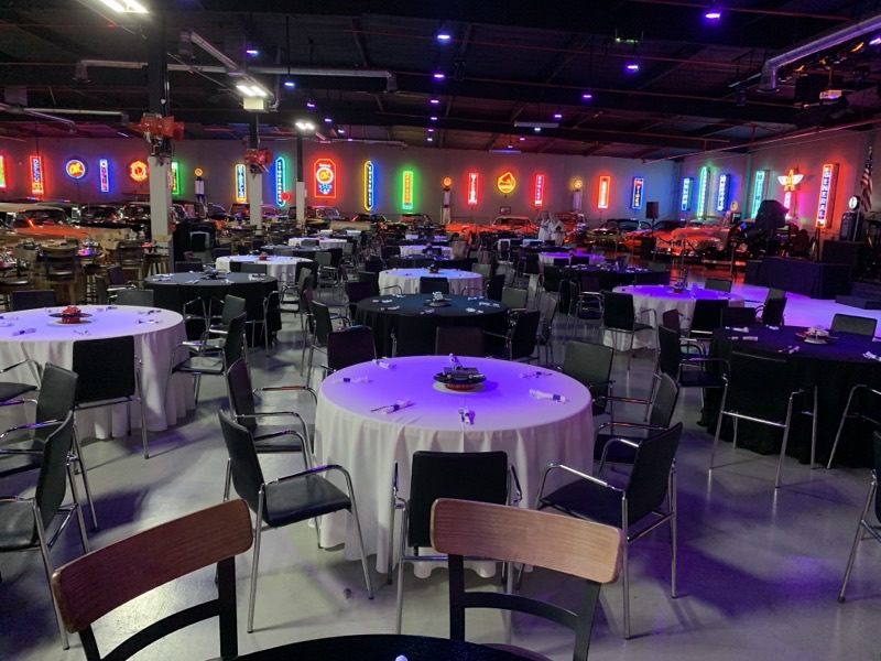 Banquet tables with neon signs at Highway 39 Event Center in Anaheim