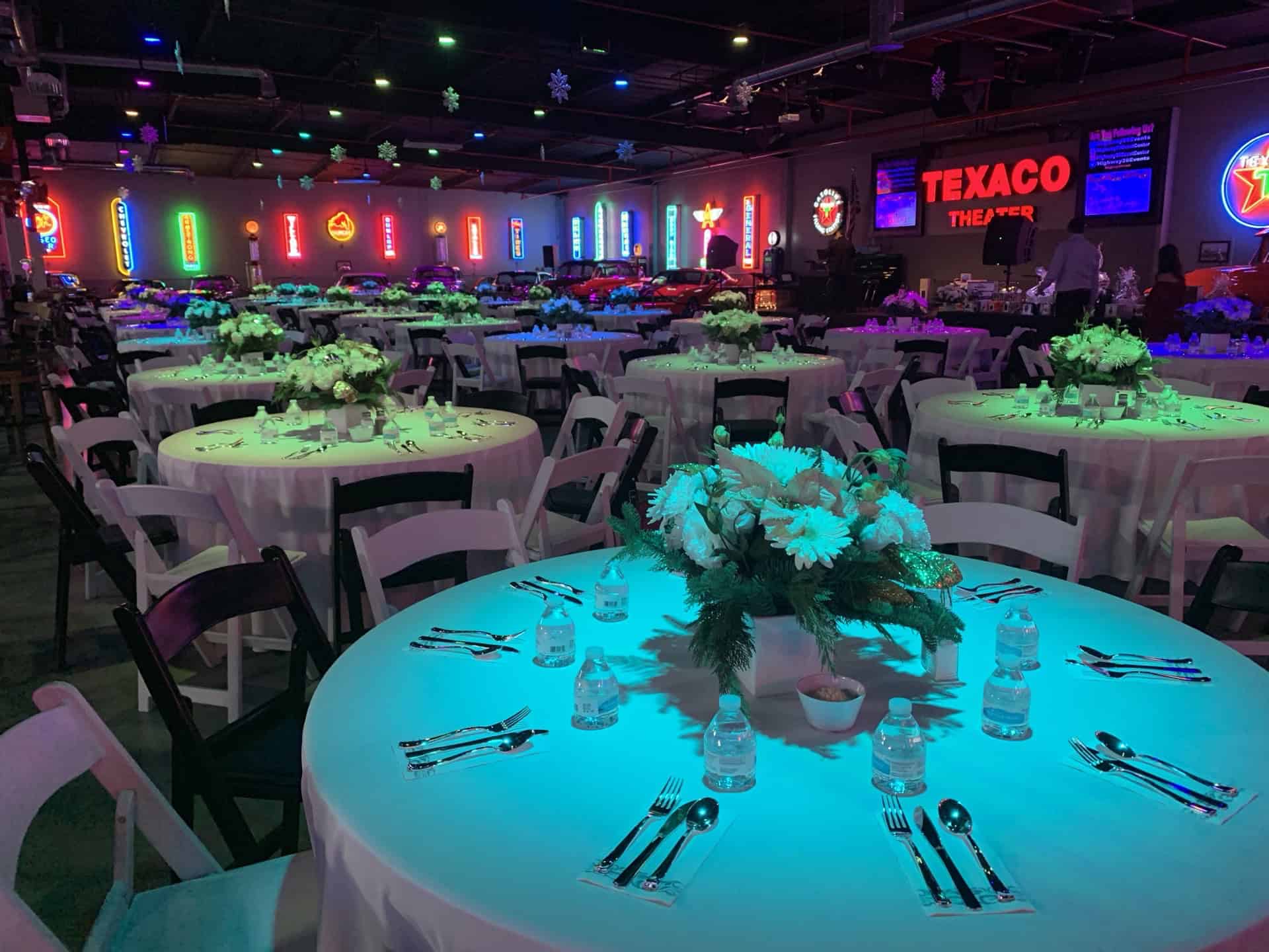 Elegant event space at Highway 39 Event Center with colorful neon lighting.