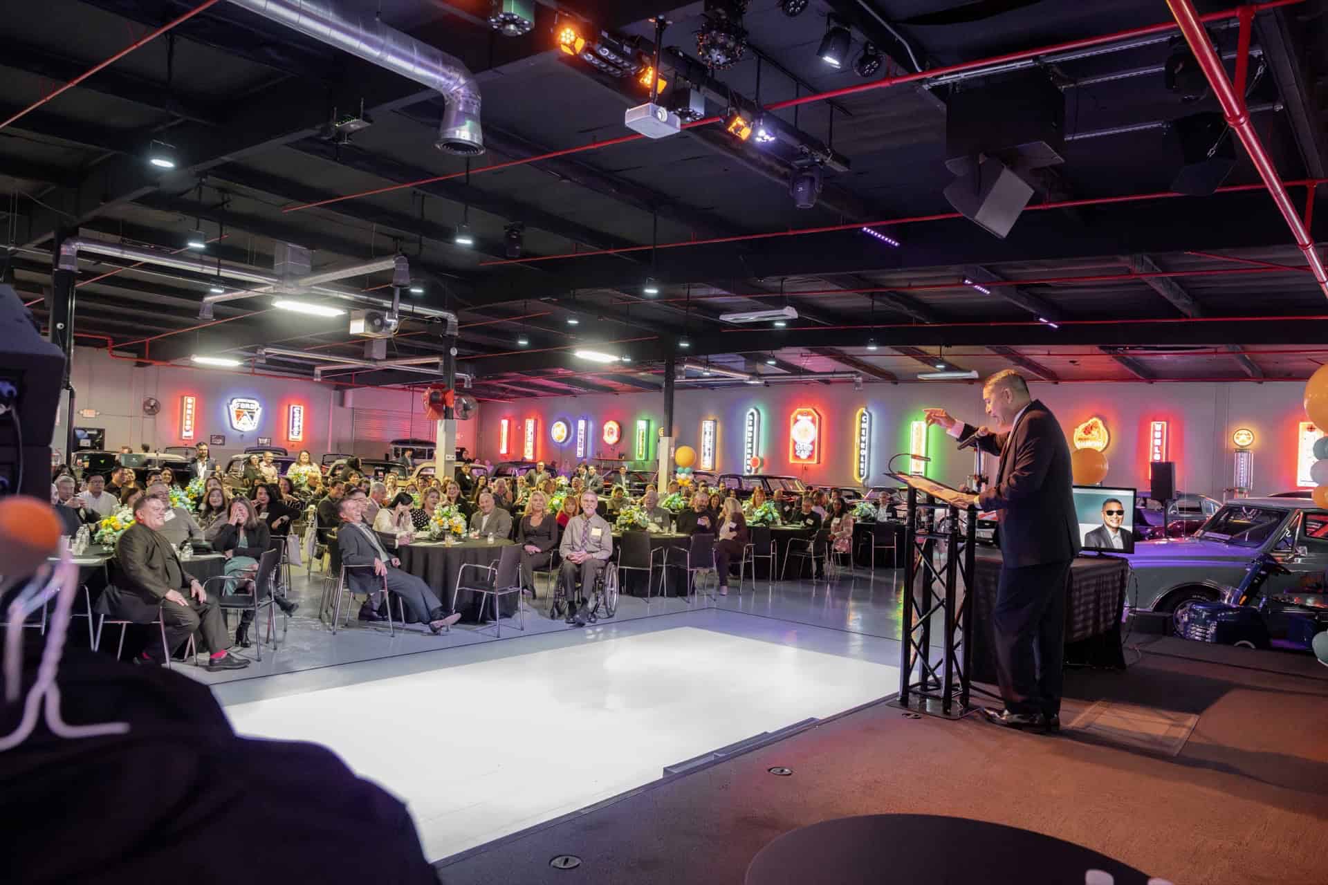 Modern event space at Highway 39 Event Center with seating and stage setup.
